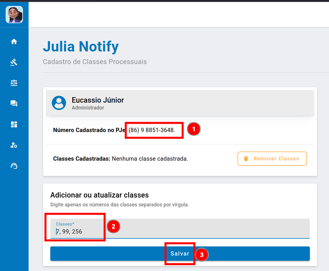 Captura de tela exibindo o formulário do módulo "Julia Notify".